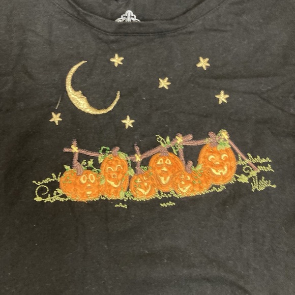 Womens 3X Halloween Pumpkin Embroidered Long Sleeve Shirt Black Moon Stars - Picture 2 of 6